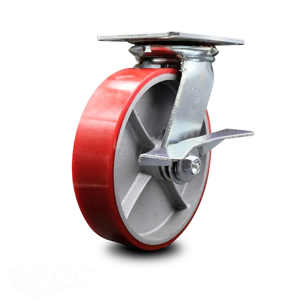 8 Inch Heavy Duty Red Poly on Cast Iron Caster with Ball Bearing and Brake SCC
